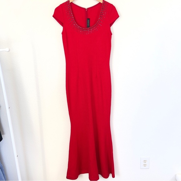 St. John Santana Knit Evening Red Formal Gown Mermaid Cap Sleeve Sz 2 - Picture 1 of 11